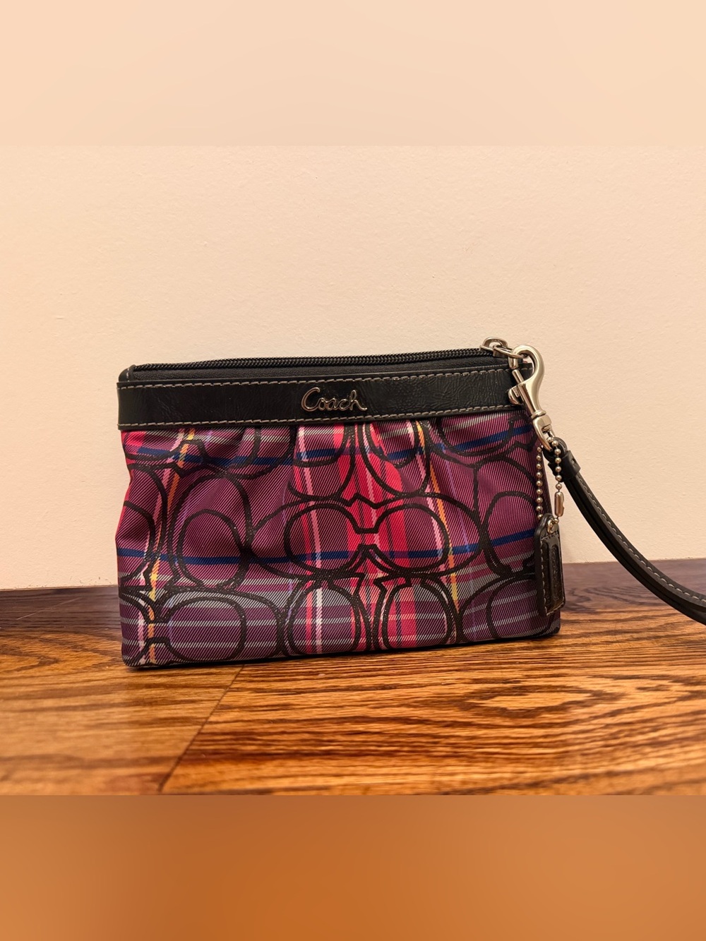 Coach NWT Signature Strips Red Tartan Pleated Wristlet